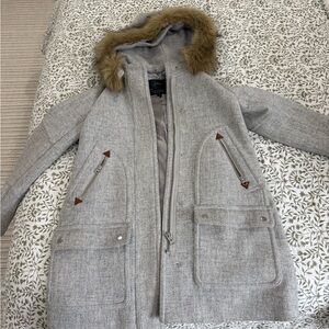 J. Crew Light Gray Wool Blend Hooded Parka with Faux Fur Trim